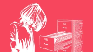 Illustration einer Frau vor einem Aktenschrank