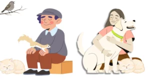 Beitragsbild: Mann mit Vogel, Katze und Eichhörnchen und eine mit einem Hund und einer Katze