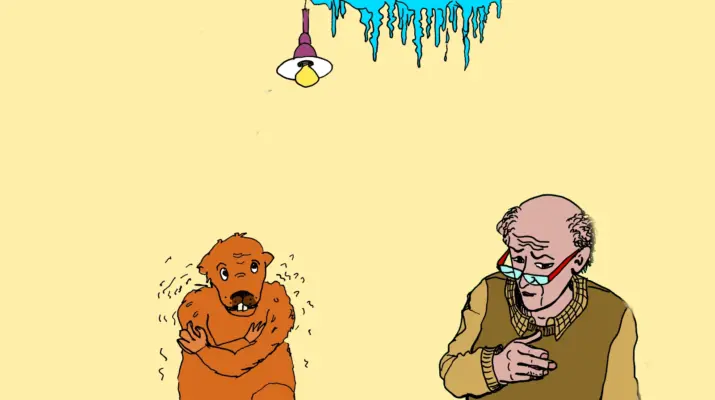 Beitragsbild: zu sehen sind Schnuddel, zitternd und ein älterer Mann, darüber Frost der von der Decke kommt.