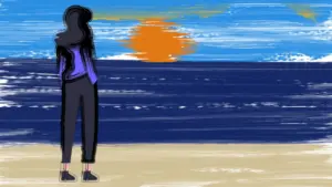 Vektorbild von Himme, Sonne, Meer und einer Frau