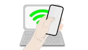 Ein grauer Vector Laptop, Arm mit Handy und Kabel im Arm