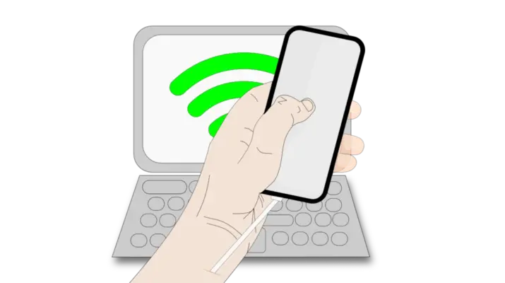 Ein grauer Vector Laptop, Arm mit Handy und Kabel im Arm