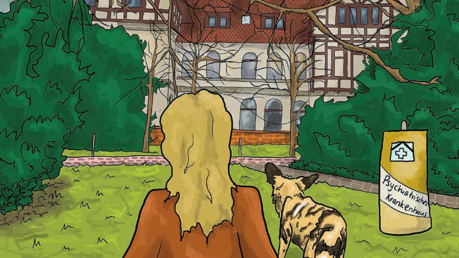 Blonde Frau vor einem Krankenhaus